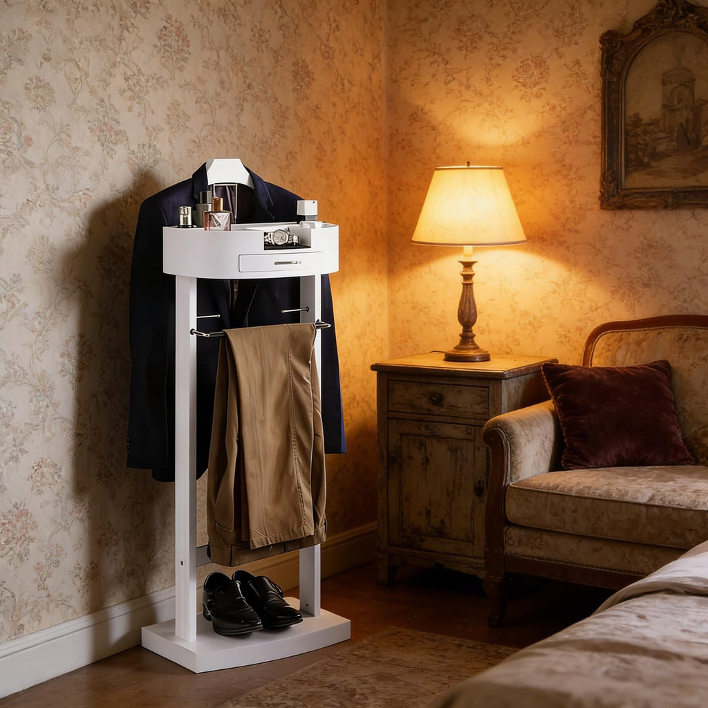 Wooden Suit Valet Stand with Drawer, Top Tray, Trouser Bar, Tie Hooks and Shoe Rack, Freestanding Clothing Organizer