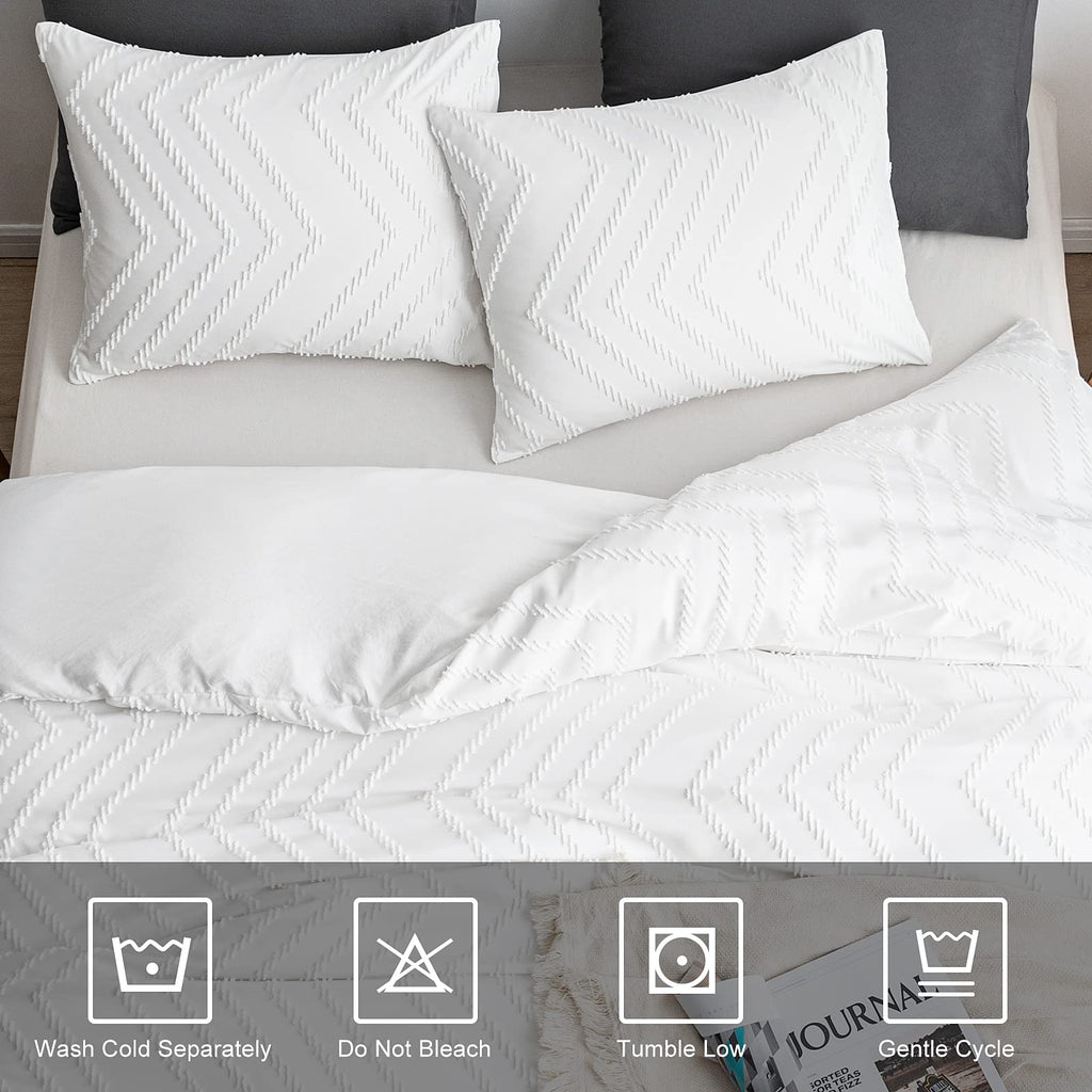 Boho Duvet Cover Queen, Striped Textured White Tufted Bedding Set