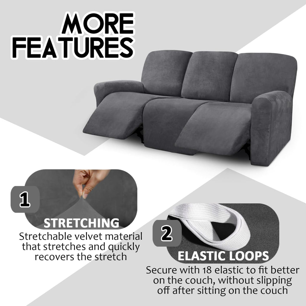 Velvet 8-Pieces Recliner Sofa Covers Stretch Reclining Couch Covers for 3 Cushion Reclining Sofa Slipcovers Furniture