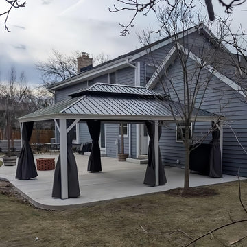 14' X 24' Hardtop Gazebo with Double Galvanized Steel Roof Awning and Upgrade Curtain and Garden, Grey