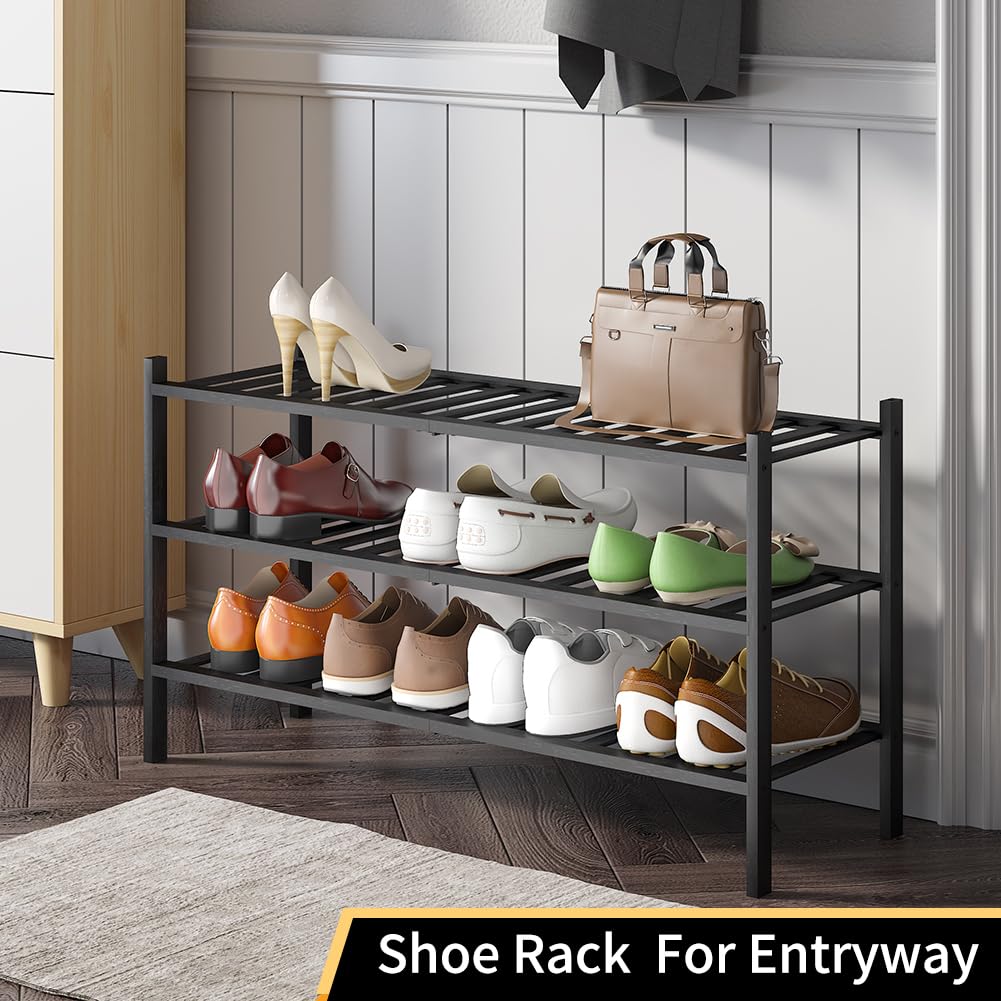 Long Shoe Rack, Bamboo Stackable Shoe Shelf Storage Organizer, Shoe Stand for Closet, Entryway and Hallway (Black
