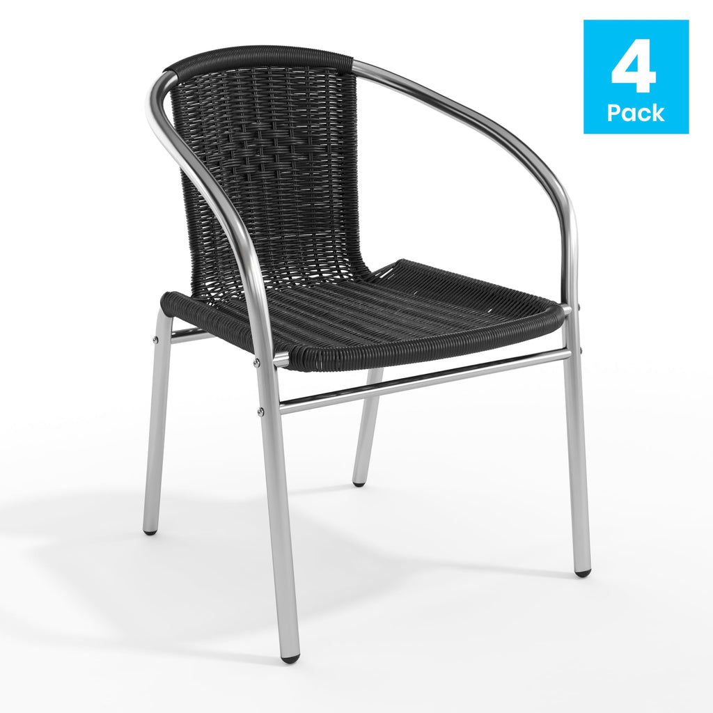 Lila 4 Pack Commercial Aluminum and Black Rattan Indoor-Outdoor Restaurant Stack Chair