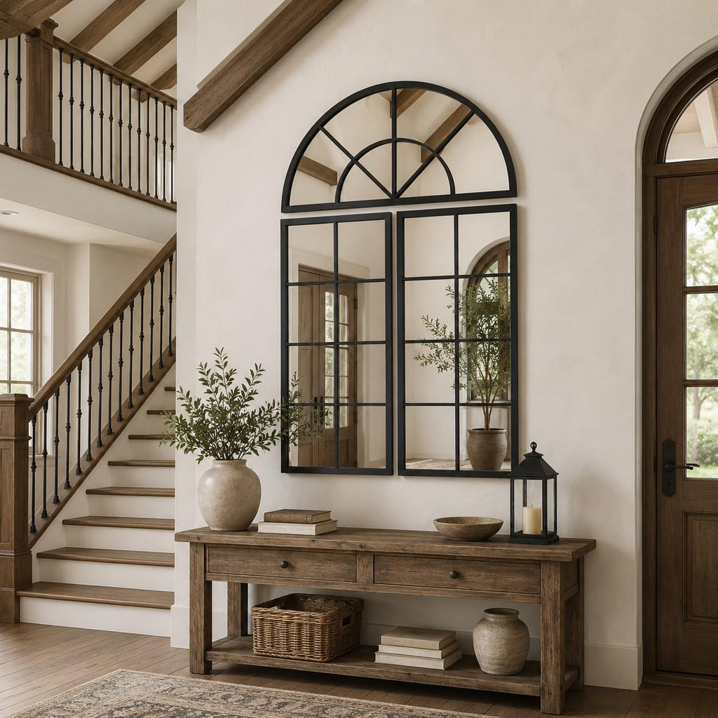 Large Black Arched Window Mirror, 32 x 47.2 in, 3-Piece Set