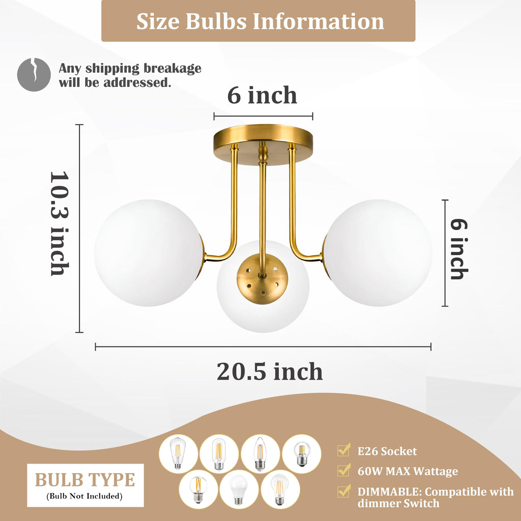3-Light Semi Flush Mount Ceiling Light Globe Ceiling Light Mid Century Ceiling Light with Opal Milk Glass Globe &