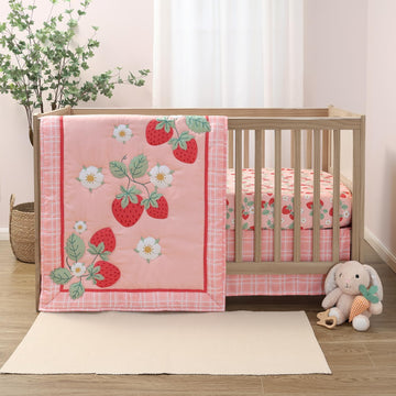 Strawberry Sweet 3-Piece Baby Girl Crib Bedding Set - Pink Nursery Bedding, Crib Comforter & Decor for Newborns and