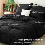 Queen Comforter Set Black, 7 Pieces Bed in a Bag Soft Bedding Comforter Set with Sheets