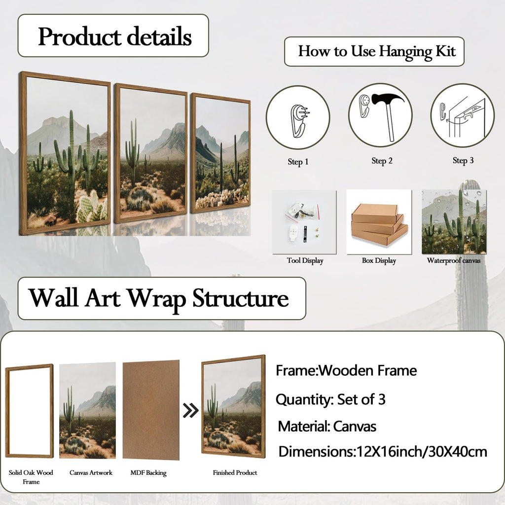 Framed Desert Landscape Wall Art Set of 3, Vintage Southwestern Cactus Wall Decor Paintings, Mexican Mountain