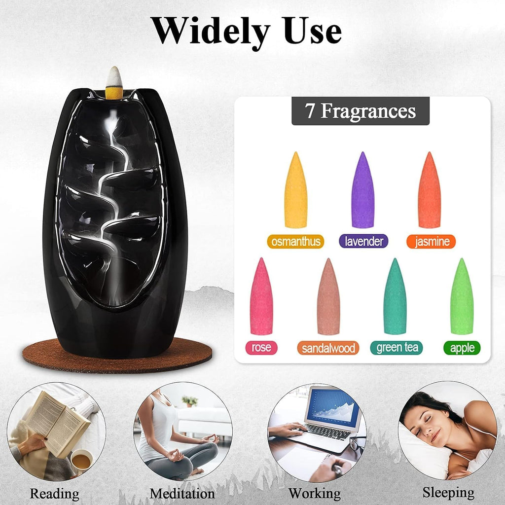 Ceramic Backflow Incense Holder Waterfall Incense Burner, Black - Set of 152
