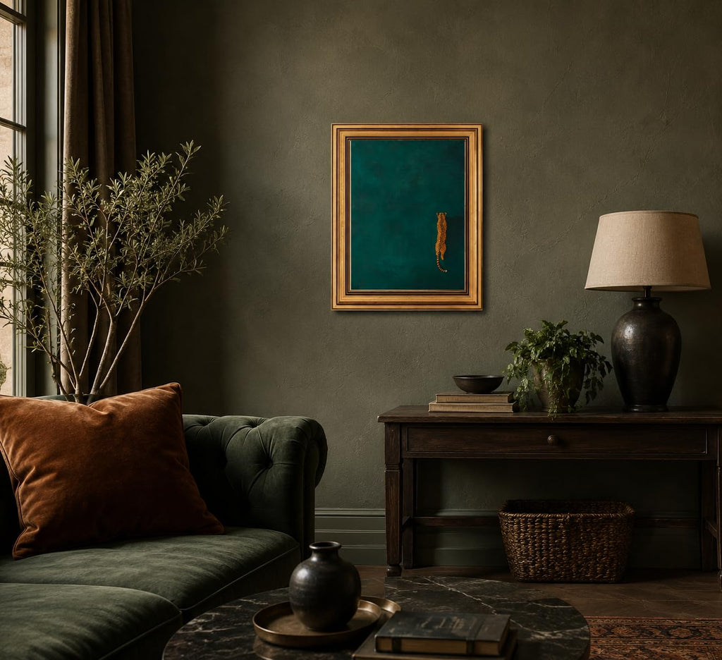 Gold Framed 3D Textured Wall Art, Vintage Green Cheetah Canvas Prints, Minimalist Emerald Green Leopard Pictures
