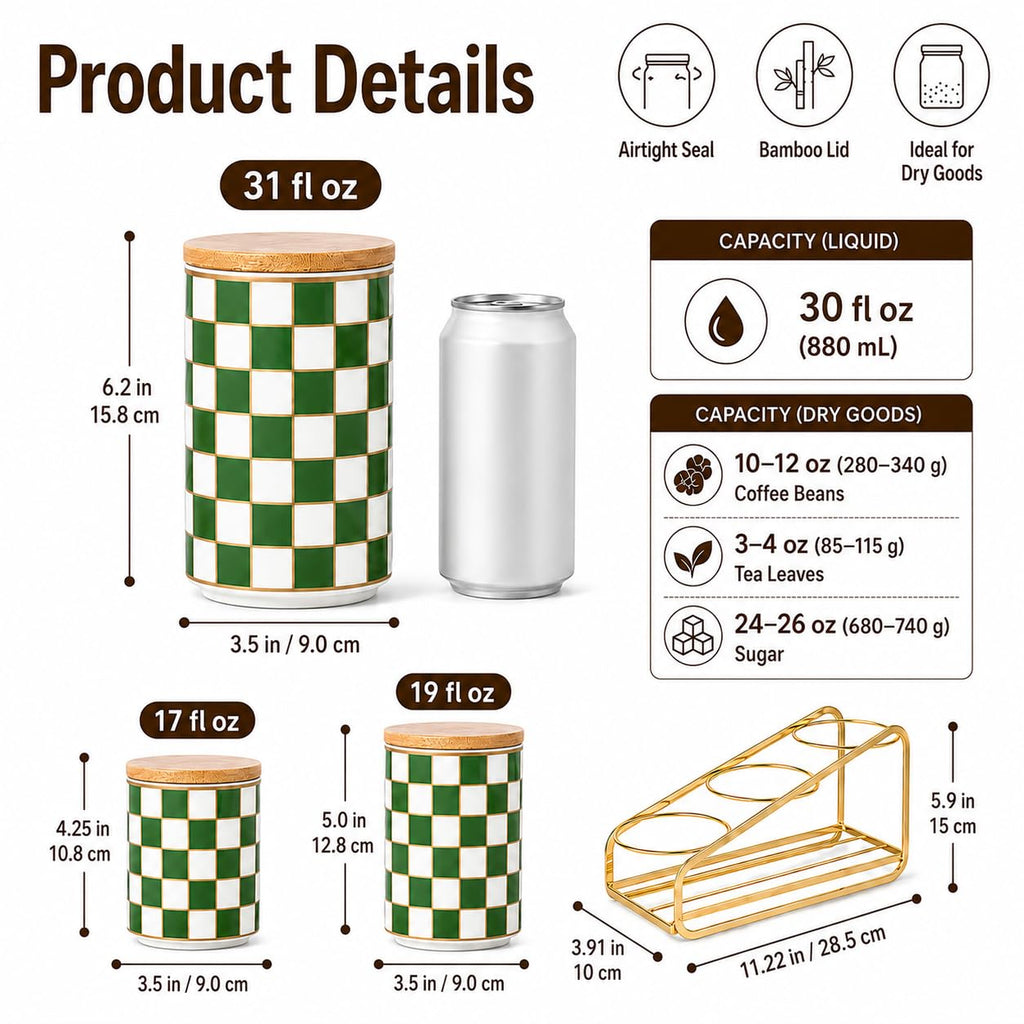 Kitchen countertop ceramic grid pattern airtight jar set - a set of 3 kitchen jars with layered shelves, sealed