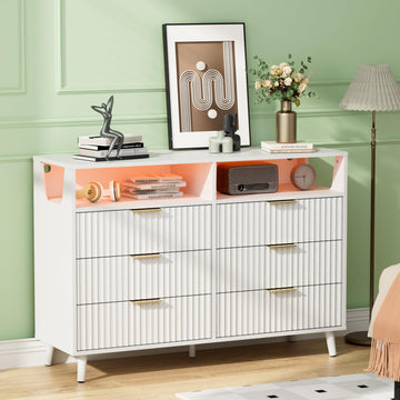 Fluted White Dresser, Led Dresser 6 Drawer, White Wood Bedroom Dressers TV Stand, Modern, 47" W*15.75" D*33" H