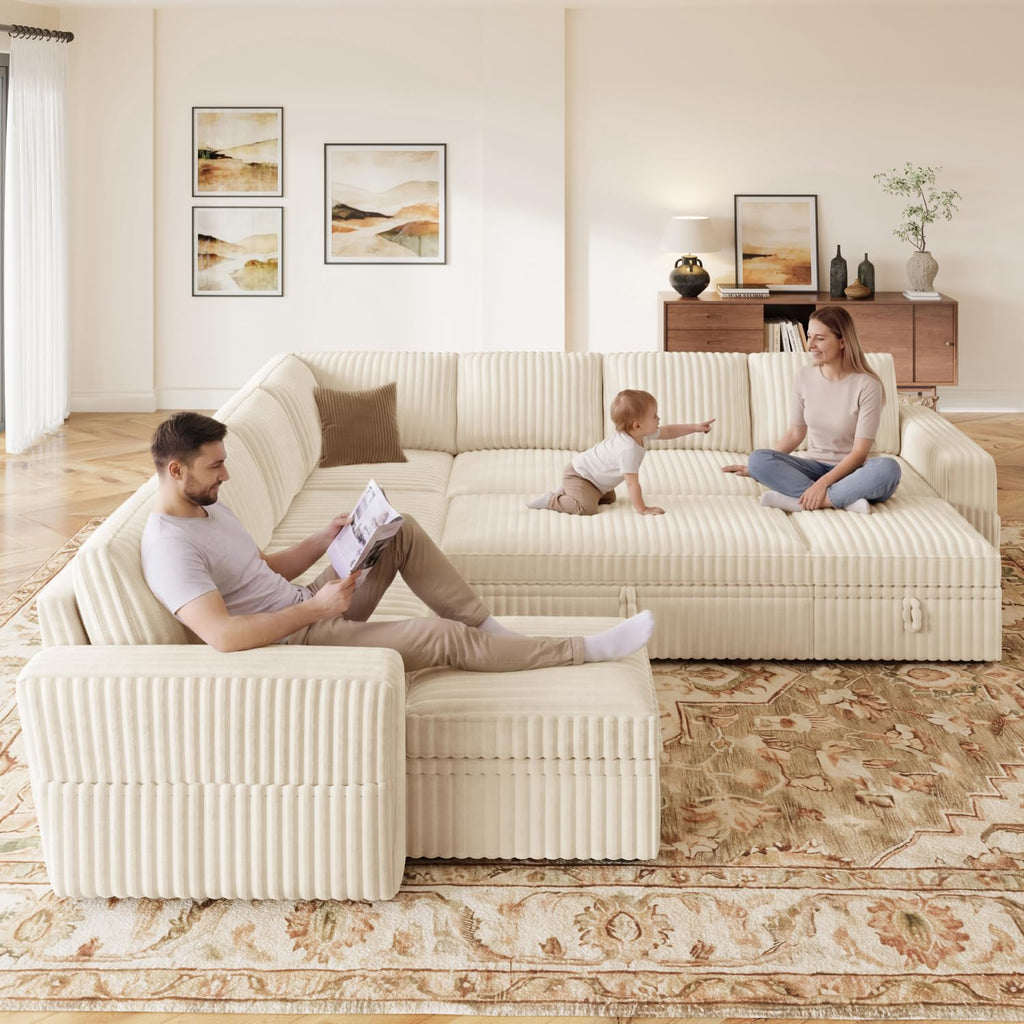 Oversized Corduroy Sleeper Sectional Sofa with Pull Out Bed, Beige