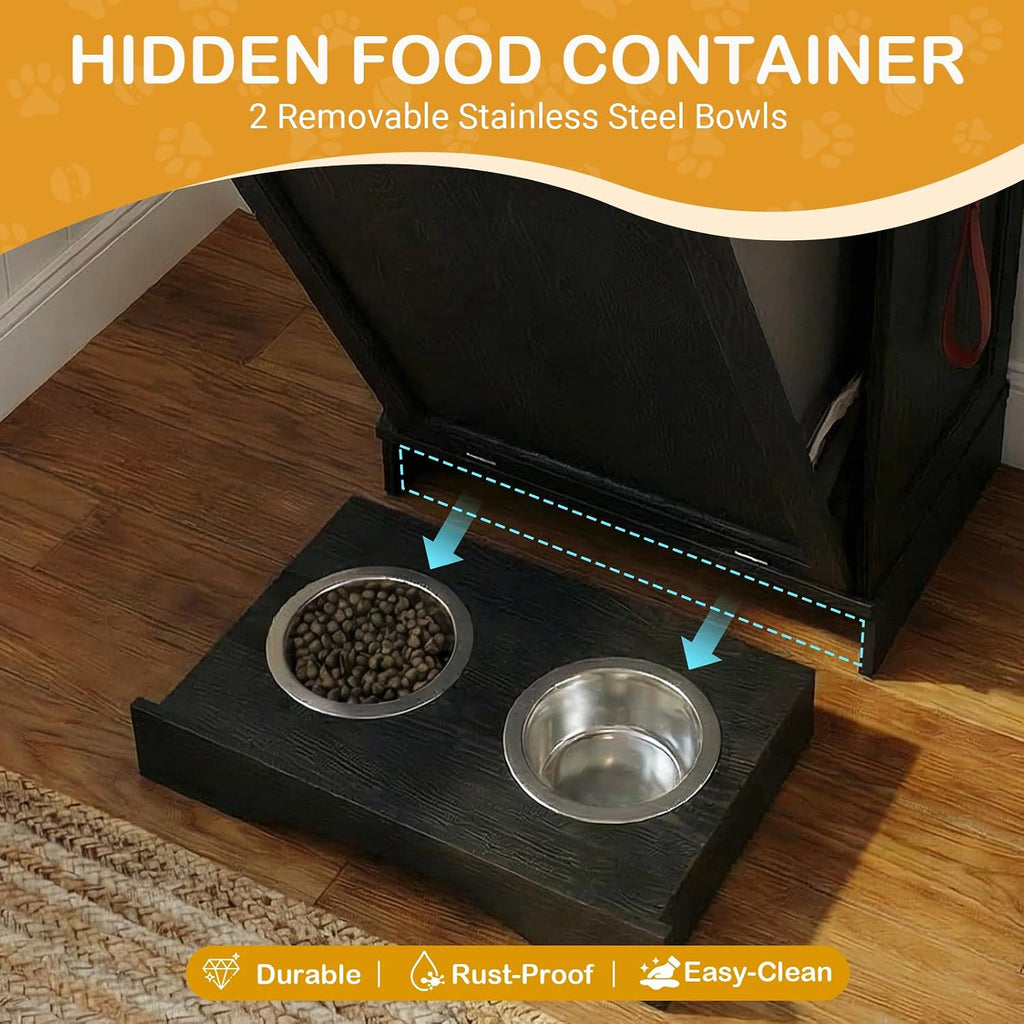 Dog Feeding Station with Storage Cabinet, Tilt-Out Door, Drawer (Black Oak)