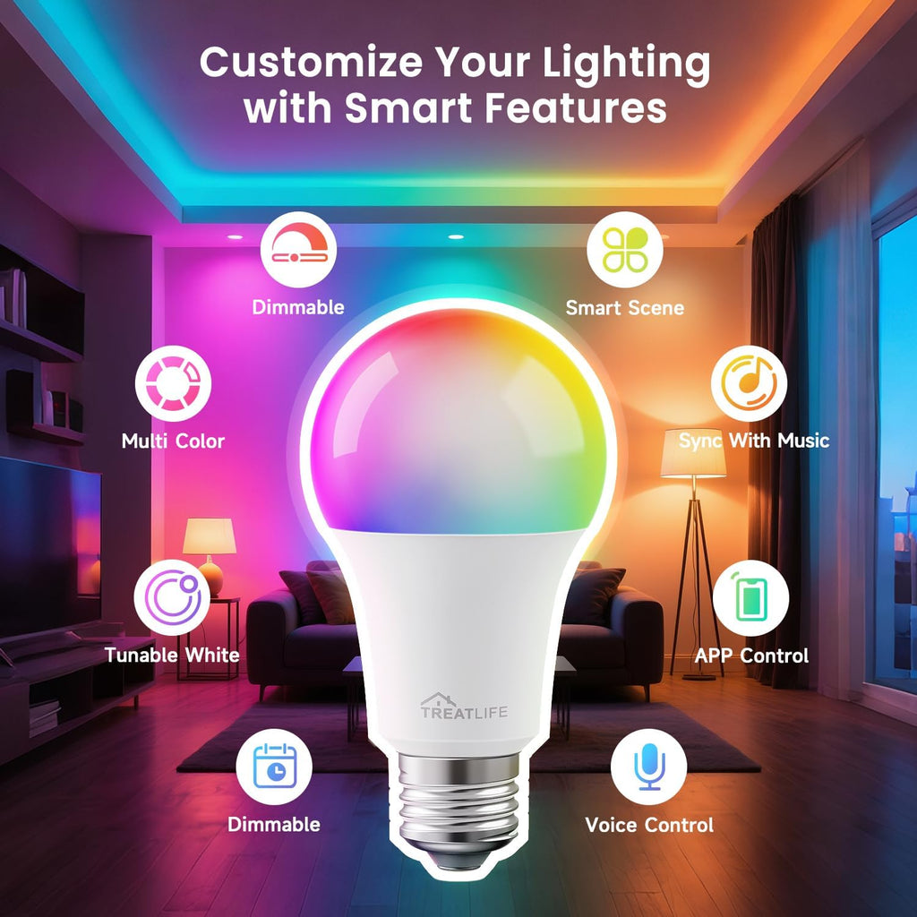 Smart Light Bulbs 4 Pack, 2.4GHz Color Changing Light Bulb, Works with Alexa Google Home, A19 E26 Dimmable LED Light