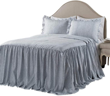 Ticking Stripe Bedspread Full 3 Piece Set Navy - Ruffle Bedding Set Full Bedspreads - Kids Bedding - Farmhouse &