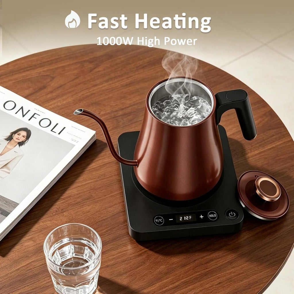 Gooseneck Electric Kettle 1.0L,1000W, Smart, Pour Over, Copper | 104-212°F, LED Digital Display, Touch control, Keep