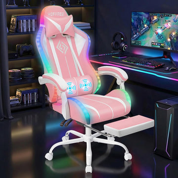 Pink Gaming Chair with RGB LED Lights Massage Computer Chairs for Girls | High Back Video Game Chair with Footrest &