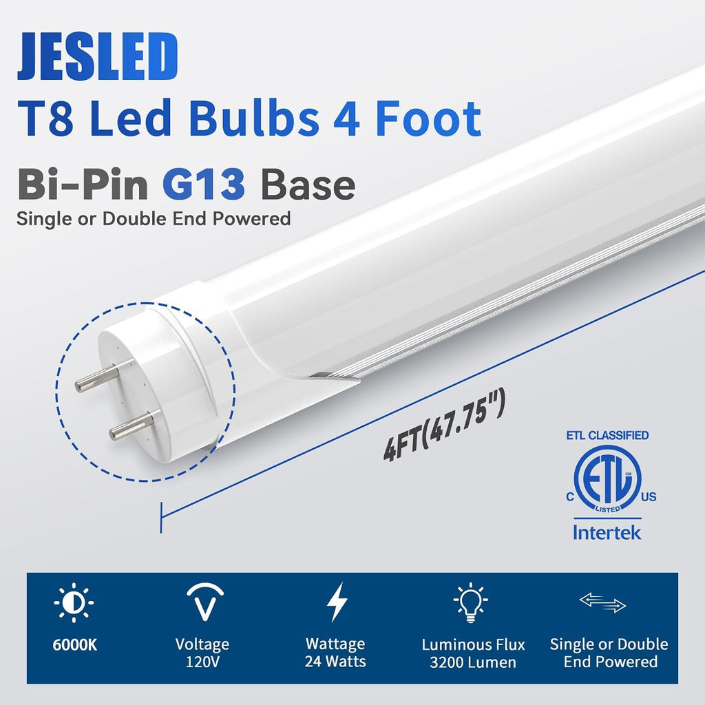 4 Pack T8 LED Bulbs 4 Foot, 24W 3200LM,6000K, Type A+B