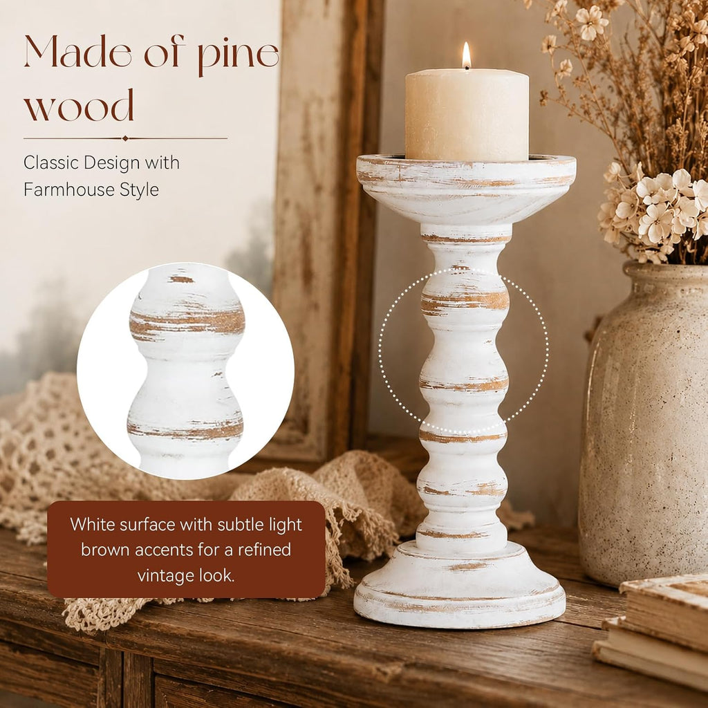 Wood Candle Holder for Pillar, White Farmhouse Fireplace Decor | Set of 3, Table Centerpiece, Tall Shabby Chic Decor
