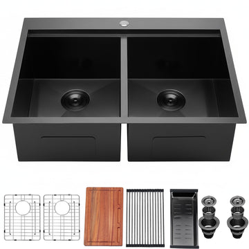 33x22 Double Bowl Kitchen Sink 33 Inch Black, Stainless Steel Drop in Double Bas Sinks, Topmonut 50/50 Framhouse