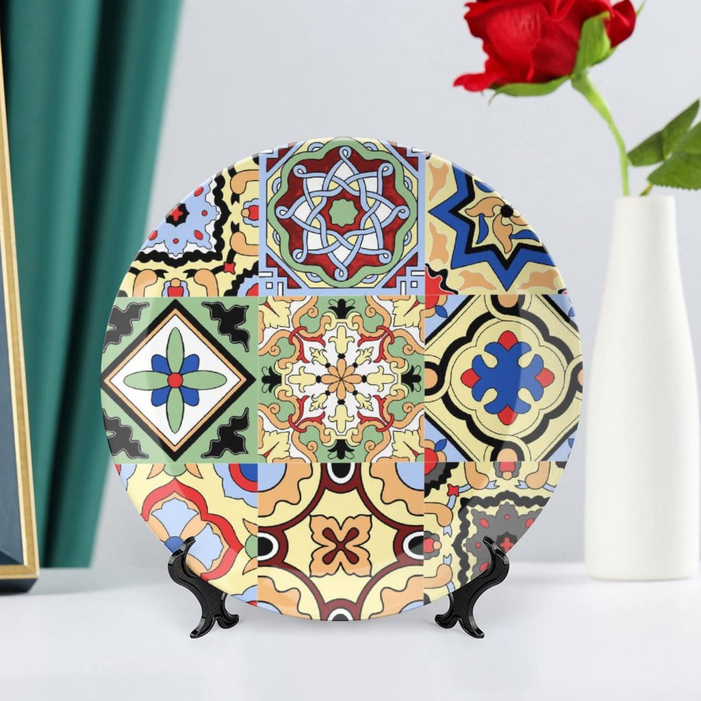 Ceramic Decorative Plates Mexican Tiles Flower Print Home Wobble-Plate with Display Stand, Moroccan Floral Porcelain