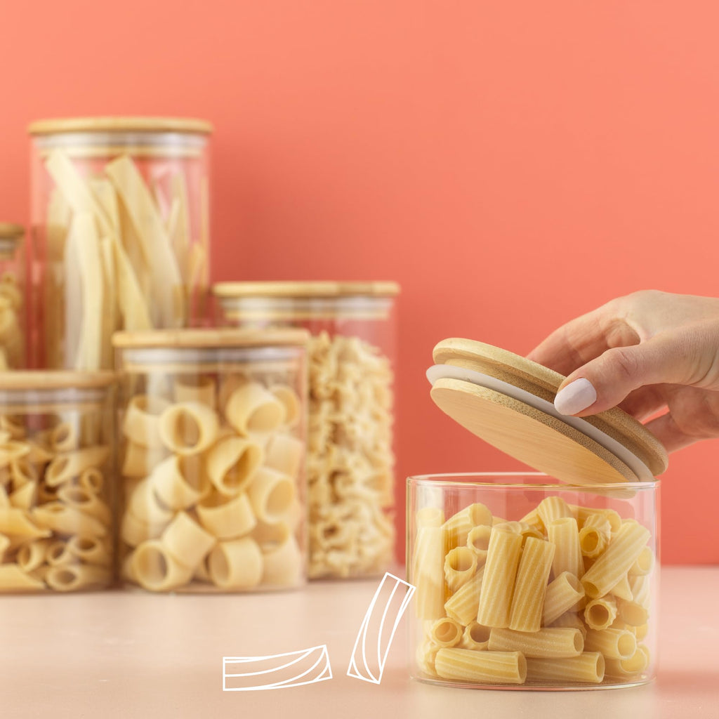 Borosilicate Glass Jars With Bamboo Lids. 6 Pc Set of Air Tight Sealable Containers. Food Jar Canisters with Airtight