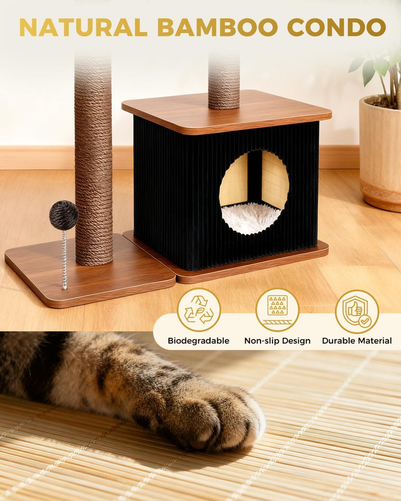 29" Small Cat Tree, Boho Wood Cat Tower with Sisal Scratching Post