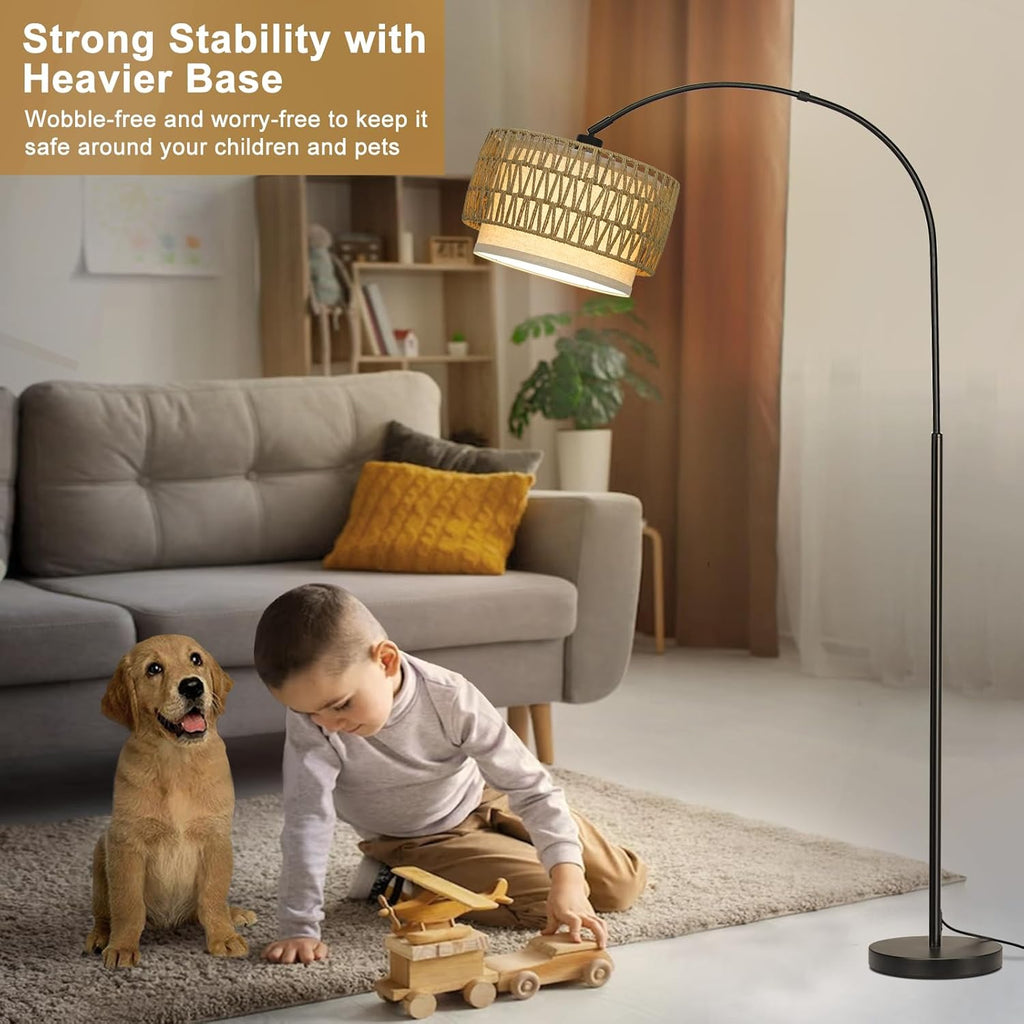 Rattan Floor Lamp, Arc Floor Lamps, Farmhouse Standing Lamp with Adjustable Hanging Fabric Shade