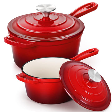 Enameled Cast Iron Sauce Pan Set with Self-basting Lids, 1Qt & 2Qt