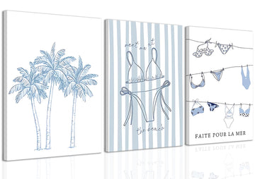 Coastal Beach Wall Art Set of 3, Tropical Canvas Prints with Bikini Line Art and Coconut Tree Decor, Preppy Summer