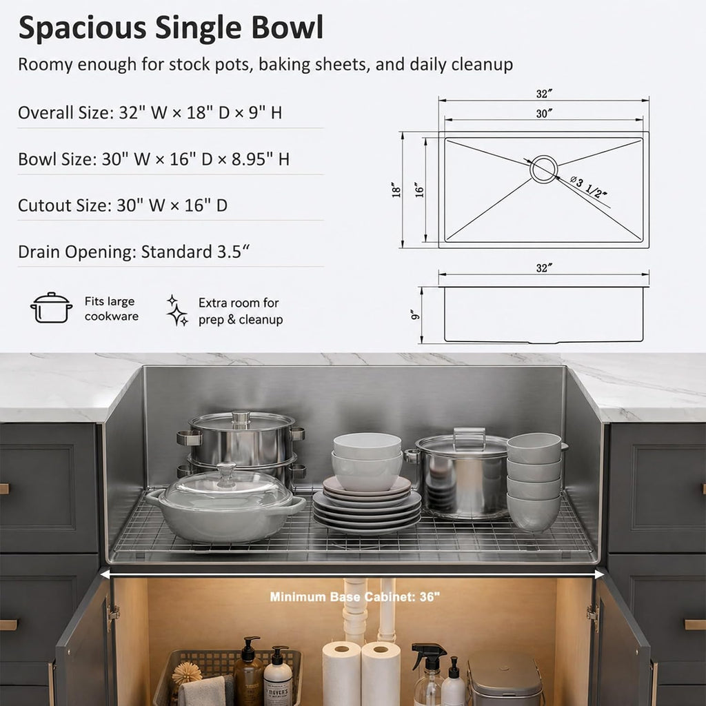 32 Inch Undermount Kitchen Sink, 32x18 Kitchen Sink Undermount, Single Bowl Undermount Sink, 18 Gauge 304 Stainless