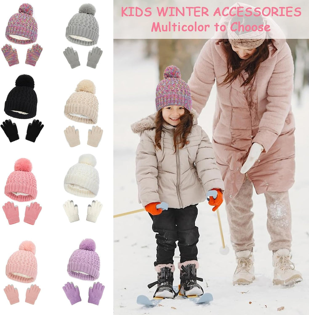 Kids Winter Hat and Gloves Set, Girl Warm Knit Beanie with Pom Fleece Lined for Toddler Boys Girls