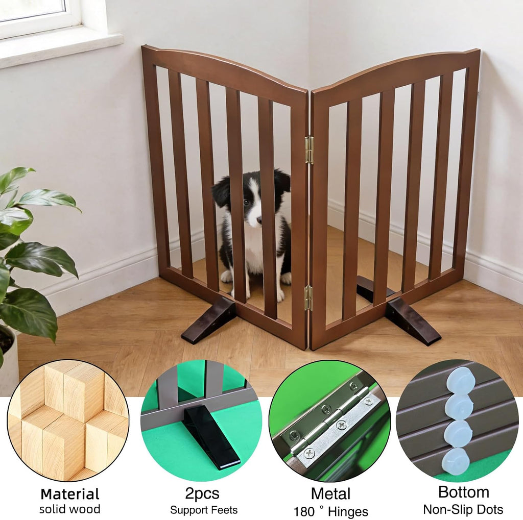 Freestanding Dog Gate Indoor, Doggie Gate Foldable Pet Gates for Doorways, Stairs or Hallways, Wooden Brown Pet Gate