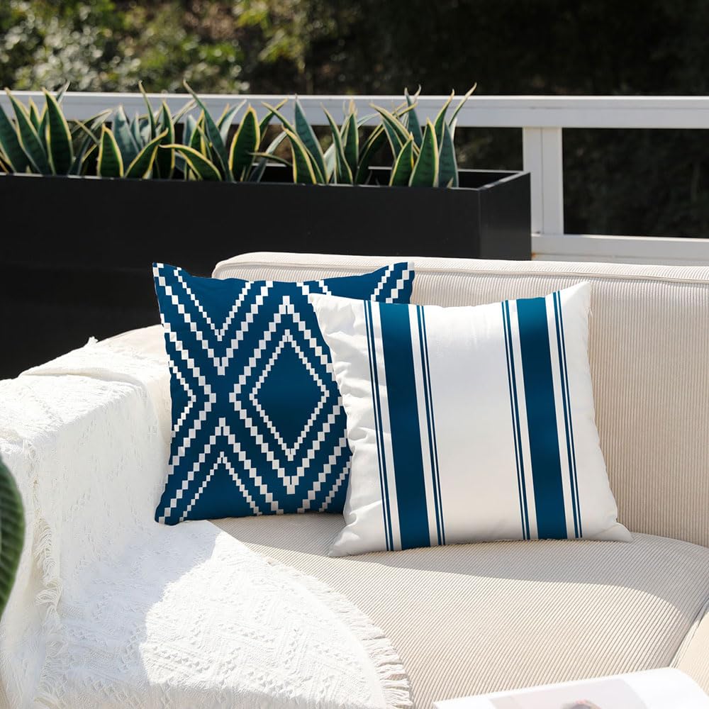Outdoor Blue Waterproof Geometry Pillow Covers 20x20 Set of 4