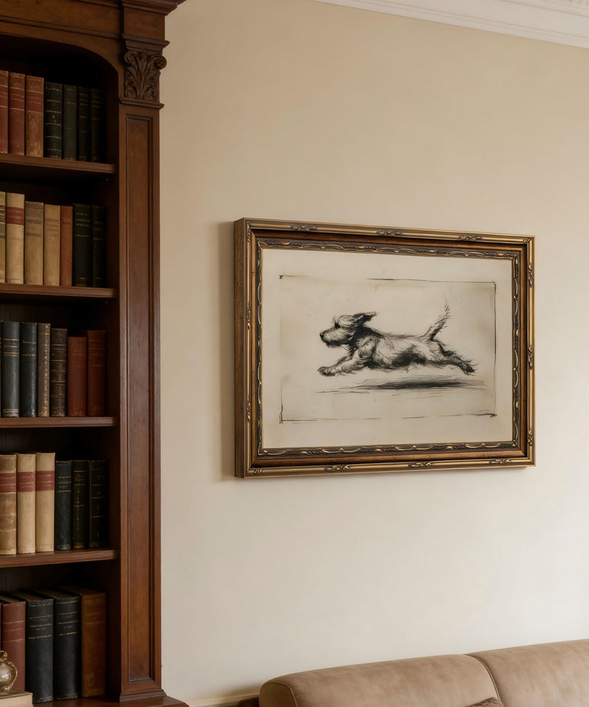 Vintage Gold Framed Running Dog Antique Terrier Sketch Wall Art 16x24in