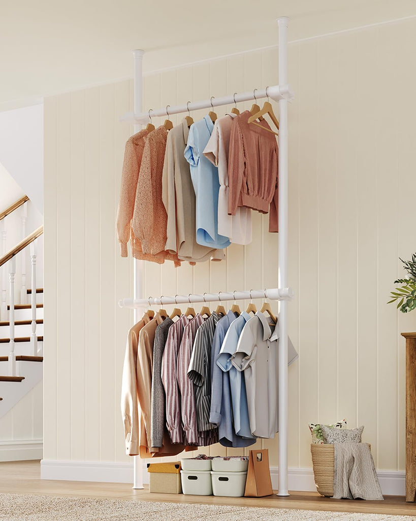 Floor-to-Ceiling Clothing Rack with Wire Storage Basket, Double Hanging Rods, Adjustable Tension Closet Organizer