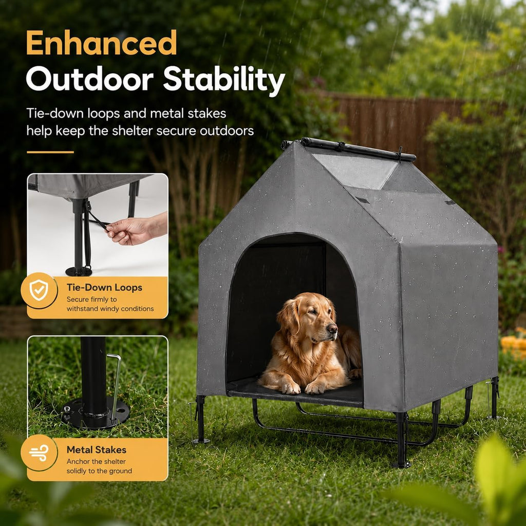 48" Large Dog House Outdoor for Large Dogs, 2-in-1 Waterproof Dog House & Elevated Dog Bed with Removable Canopy