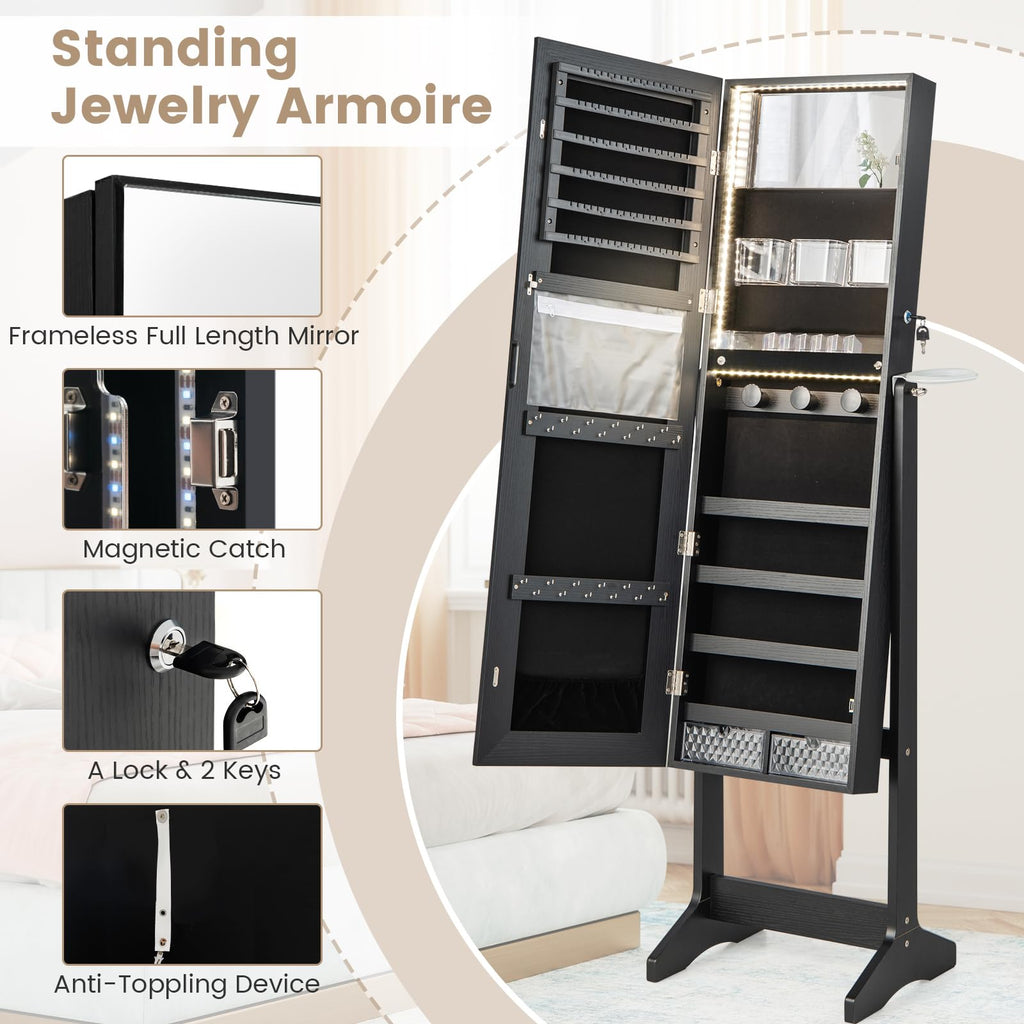 Jewelry Cabinet Armoire with Full Length Mirror, Flip-open Vanity Mirror, 3 Color LED Lights, Hair Dryer Holder
