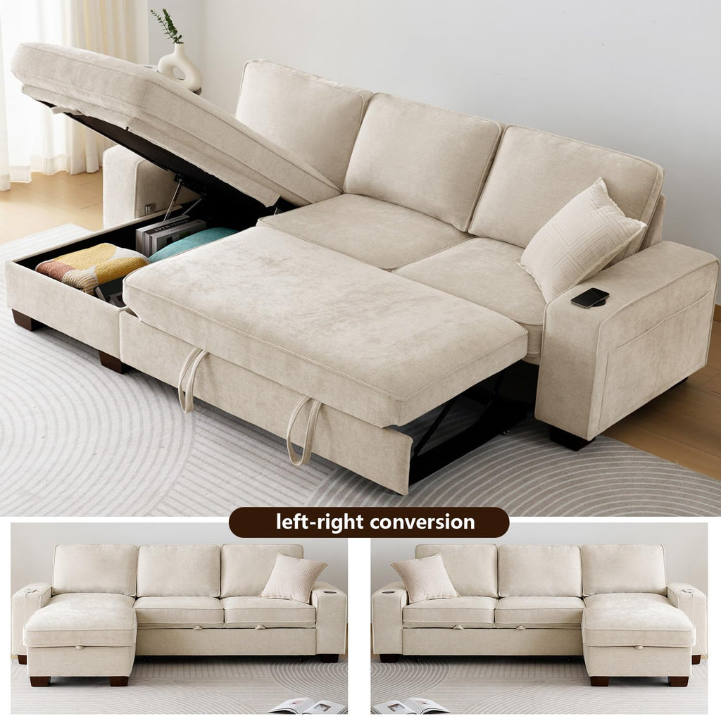99" Convertible Sleeper Sofa Bed, L Shaped with Storage Chaise Pull Out Couch, USB and Type-C, Removable Washable