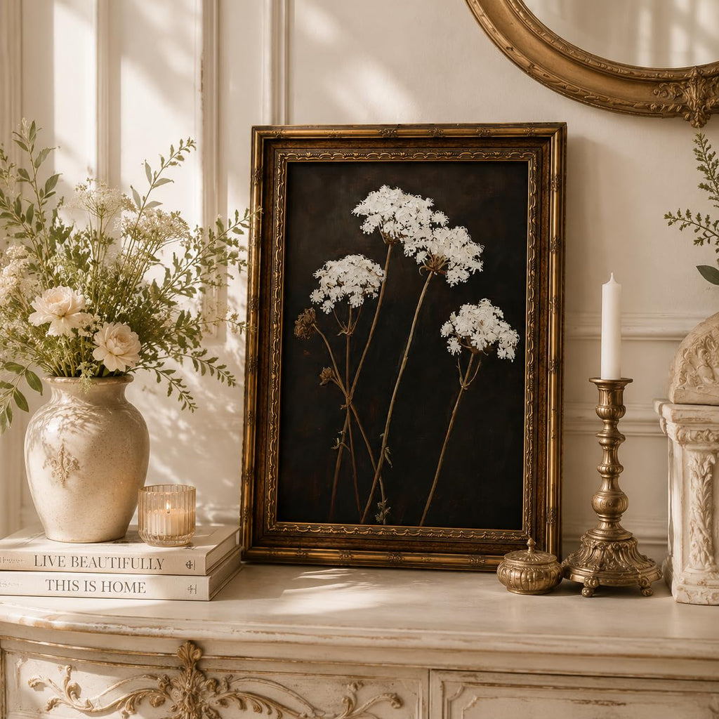 Vintage Gold Framed Floral Wall Art Retro American Mid-Century Flower Wall Decor Painting Dark Moody Flower Botonical