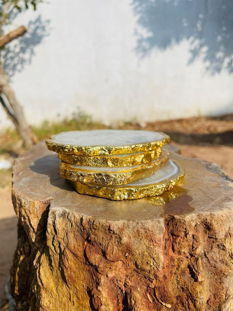 White Agate Stone Crystal Coasters with Gold Edge White Agate Coasters 3.5 to 4 inch Salted Agate Coaster - Set of 4