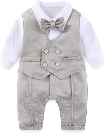 Newborn Baby Boy Gentleman Tuxedo Romper One Piece Long Sleeve Bowtie Outfit Formal Wear Clothes Suit
