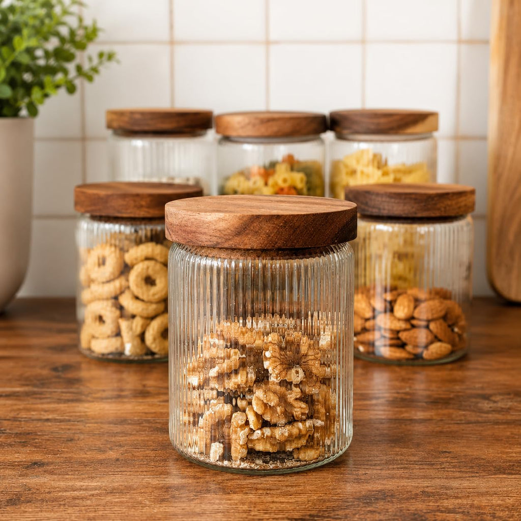 Ribbed Glass Jar with Wooden Lid 17oz, Set of 3 | Airtight Fluted Storage Canisters for Food, Tea, Coffee