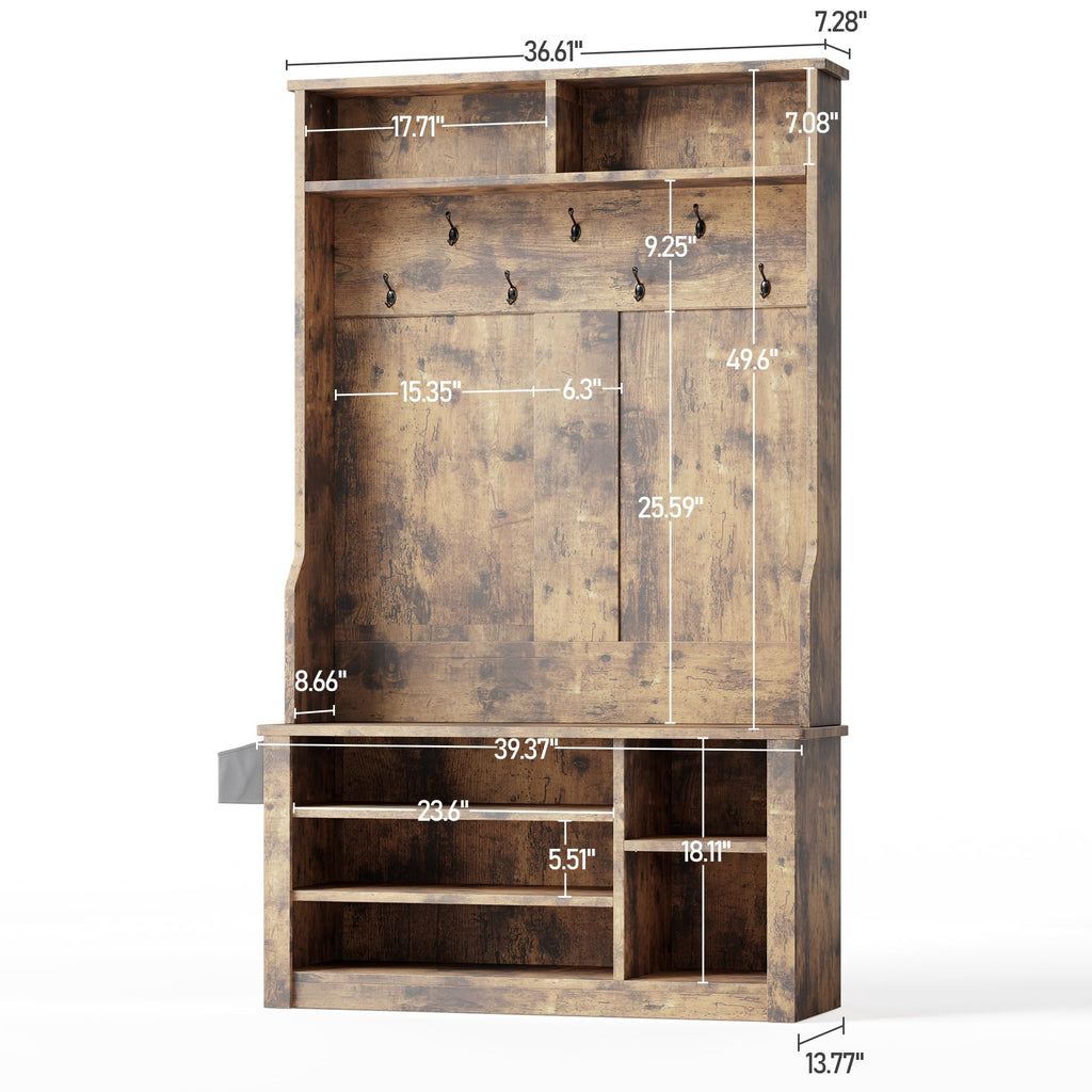 Entryway Hall Tree with Bench and Storage, Rustic Brown