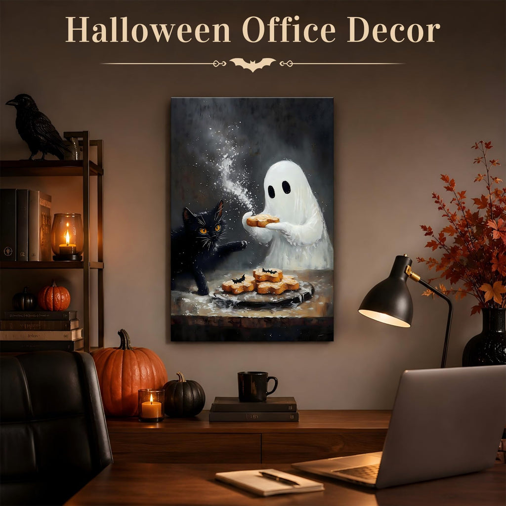 Framed Halloween Canvas Wall Art Adorable Ghost and Black Cat Baking Treats, Cozy Vintage Farmhouse Artwork, Canvas