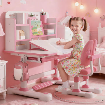 Upgraded Kids Study Desk and Chair Set, Height Adjustable Kids Table and Chairs, Children School Study Homework Desk