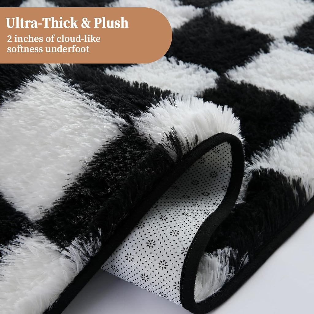 Checkered Shag Area Rug 8'x10', Black and White Plush Rug, Non-Slip Soft Carpet Nursery, Modern Floor Decor with