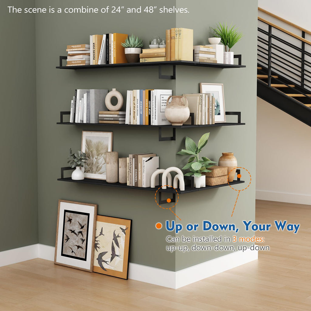 Black Wall Shelves 24 Inch Long, 8 In Deep Floating Shelves