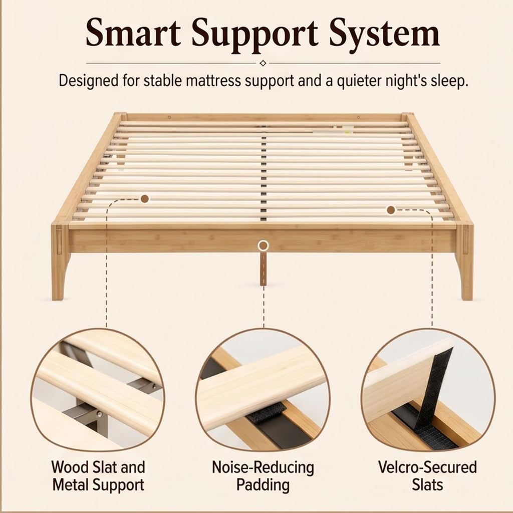 Natural Japanese Bed Frame, 12" H Low Profile Bamboo Bed Frame Without Headboard, Minimalist Wooden