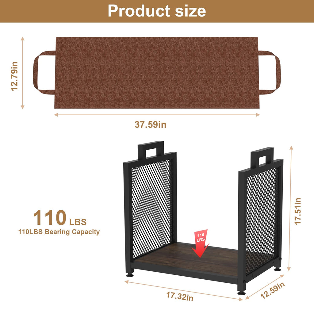 Firewood Rack for Indoor, Heavy Duty Fire Wood Racks Holder, 17.32" Metal Wood Storage Log Holder with Leather